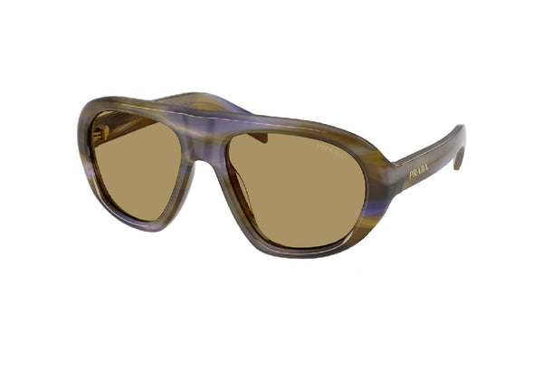 OCCHIALI DA SOLE PRADA PRC05S (23G70G) geometrici in acetato marrone effetto striato e lenti verdi oliva
